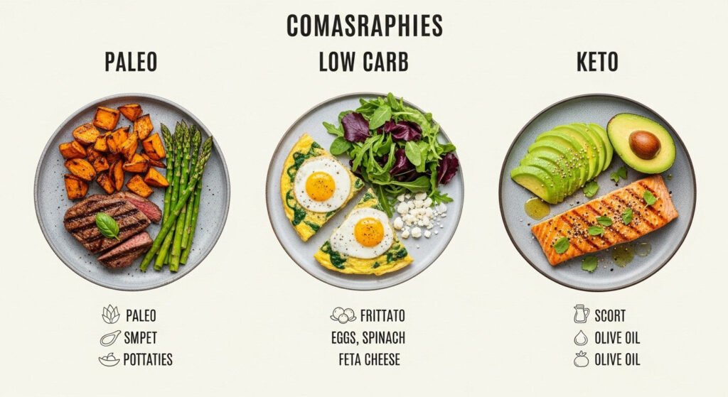 Comparativo visual: Paleo, Low Carb e Dieta Cetogênica.