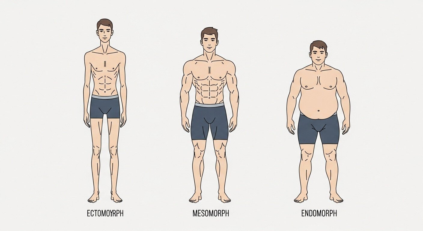 Dieta para engordar: ilustração comparando biotipos corporais, incluindo o ectomorfo.