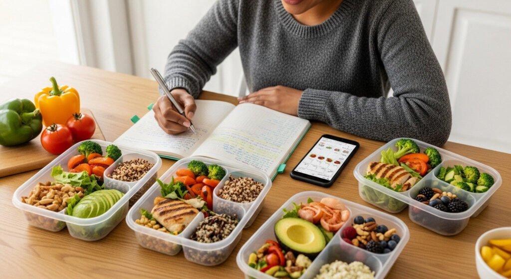 Refeição balanceada com alta proteína e carboidratos para uma dieta de ganho de massa saudável.