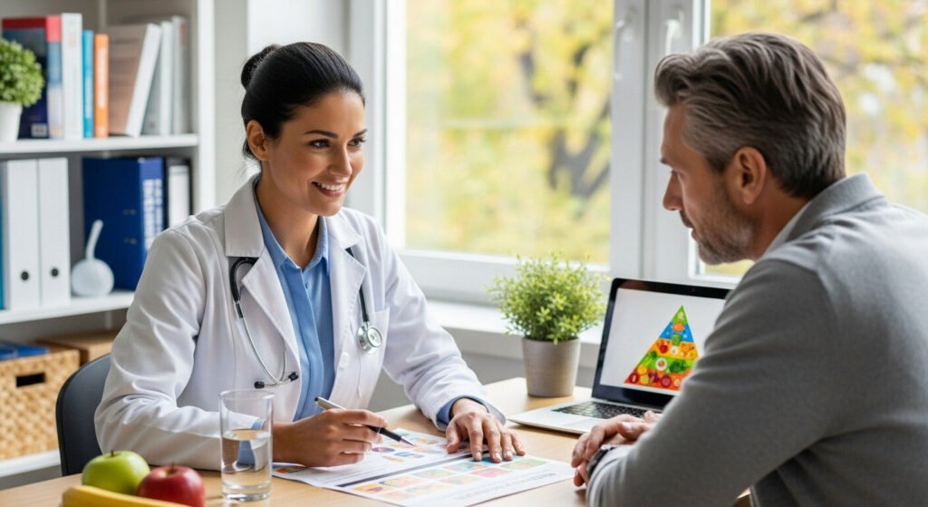 Nutricionista auxiliando na elaboração de uma dieta para ganho de peso saudável.