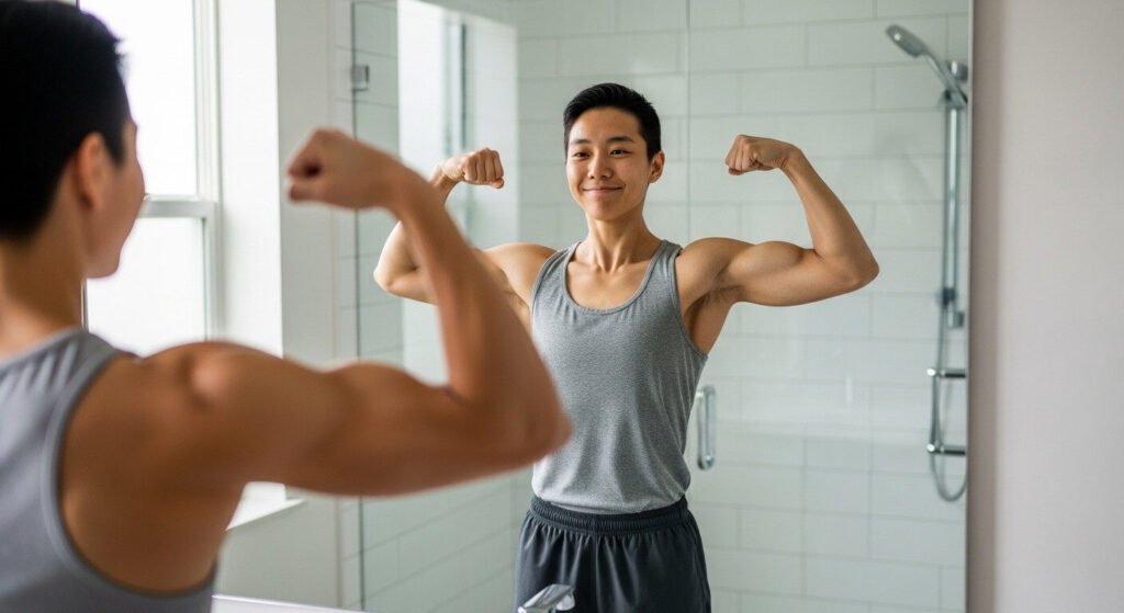 Pessoa ectomorfa feliz após resultados positivos na dieta para engordar.