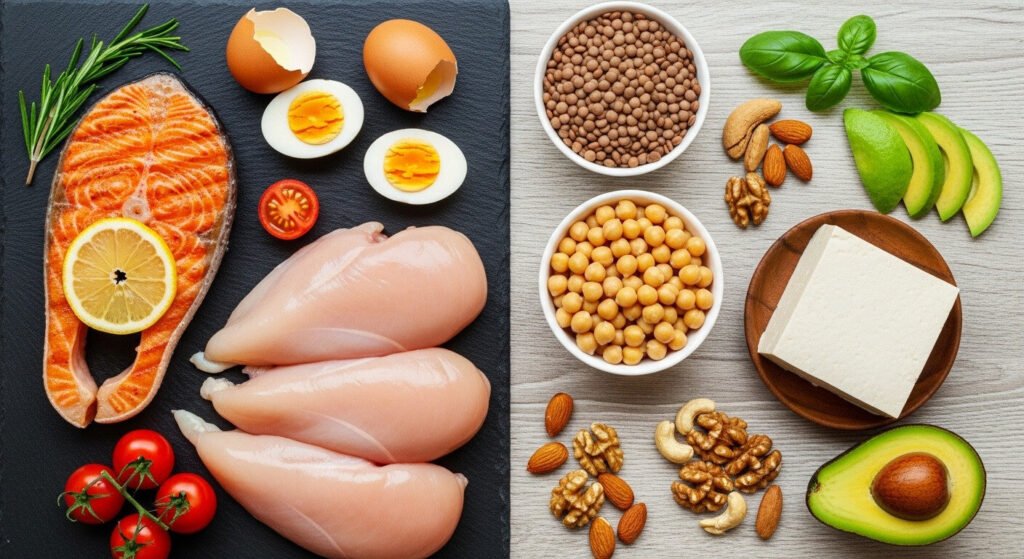 Fontes de proteína animal e vegetal indicadas na dieta da proteína.