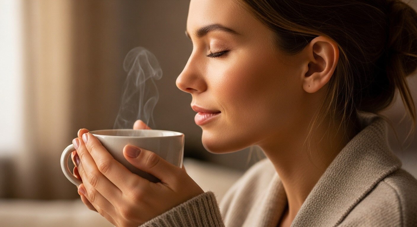 Pessoa segurando uma xícara com vapor subindo, vestindo roupa acolhedora.