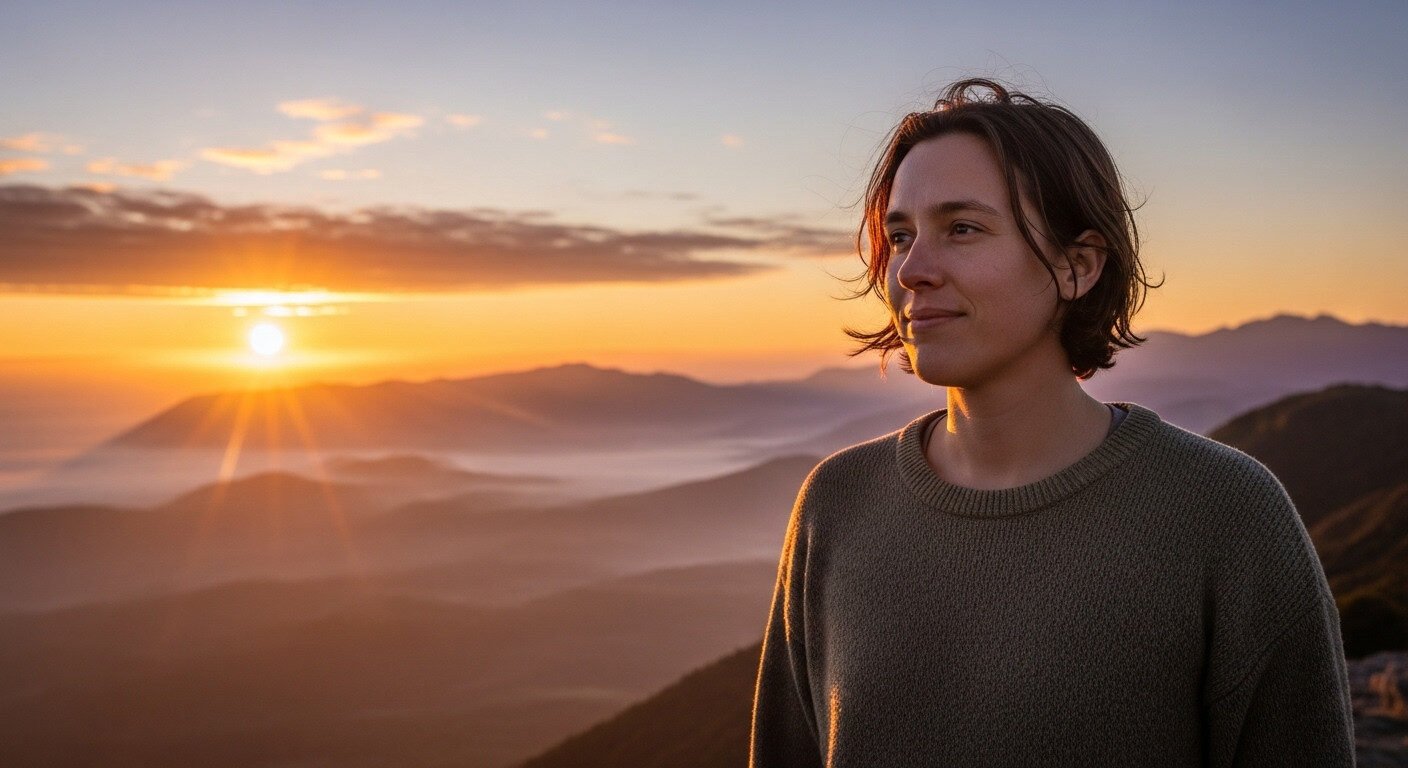 Pessoa em pé diante de colinas ao pôr do sol com céu alaranjado.