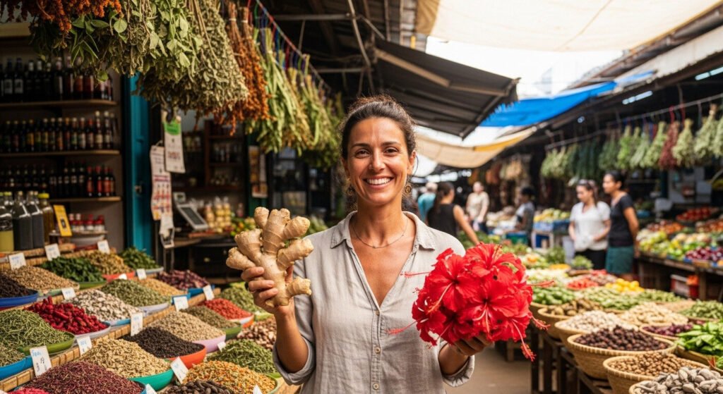 Lúcia Bernardes em um mercado, explicando o que é a dieta seca barriga de forma realista.