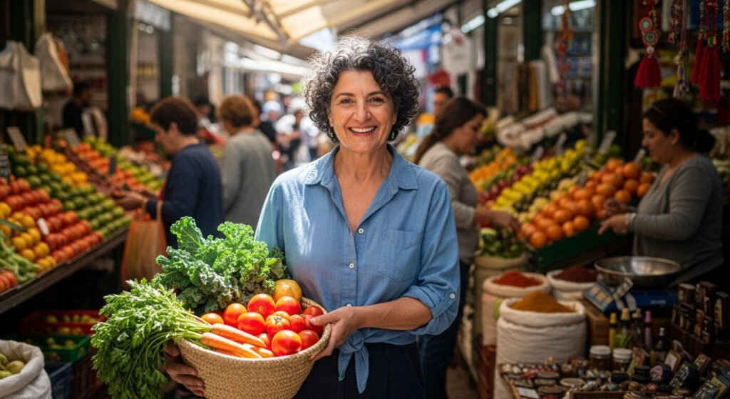 Dieta sustentável: pessoa explicando sobre alimentos locais e sazonais.