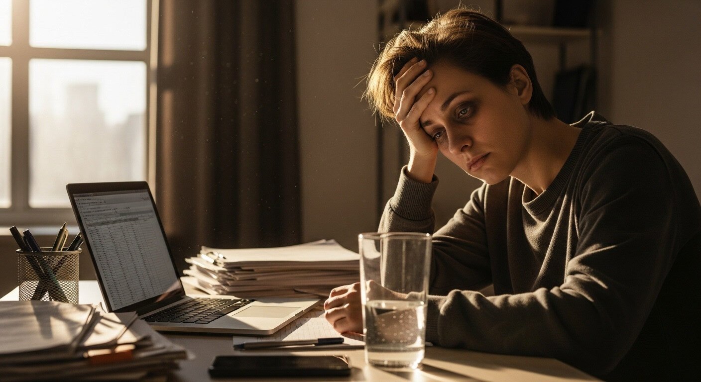 Pessoa sentada à mesa, cercada por papéis, laptop e copo de água.