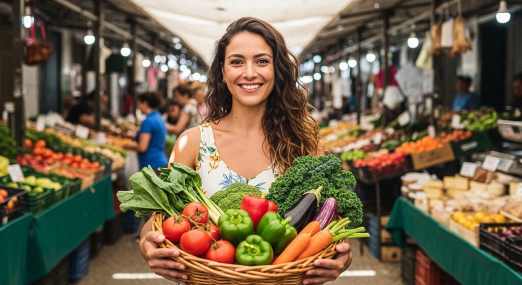Dieta acessível: mercado de agricultores com opções saudáveis e econômicas.
