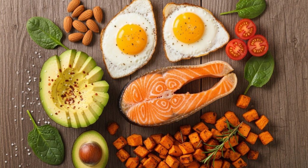 Exemplo de alimentos para ganho de massa: nozes, abacate, batata-doce e peixe gorduroso.