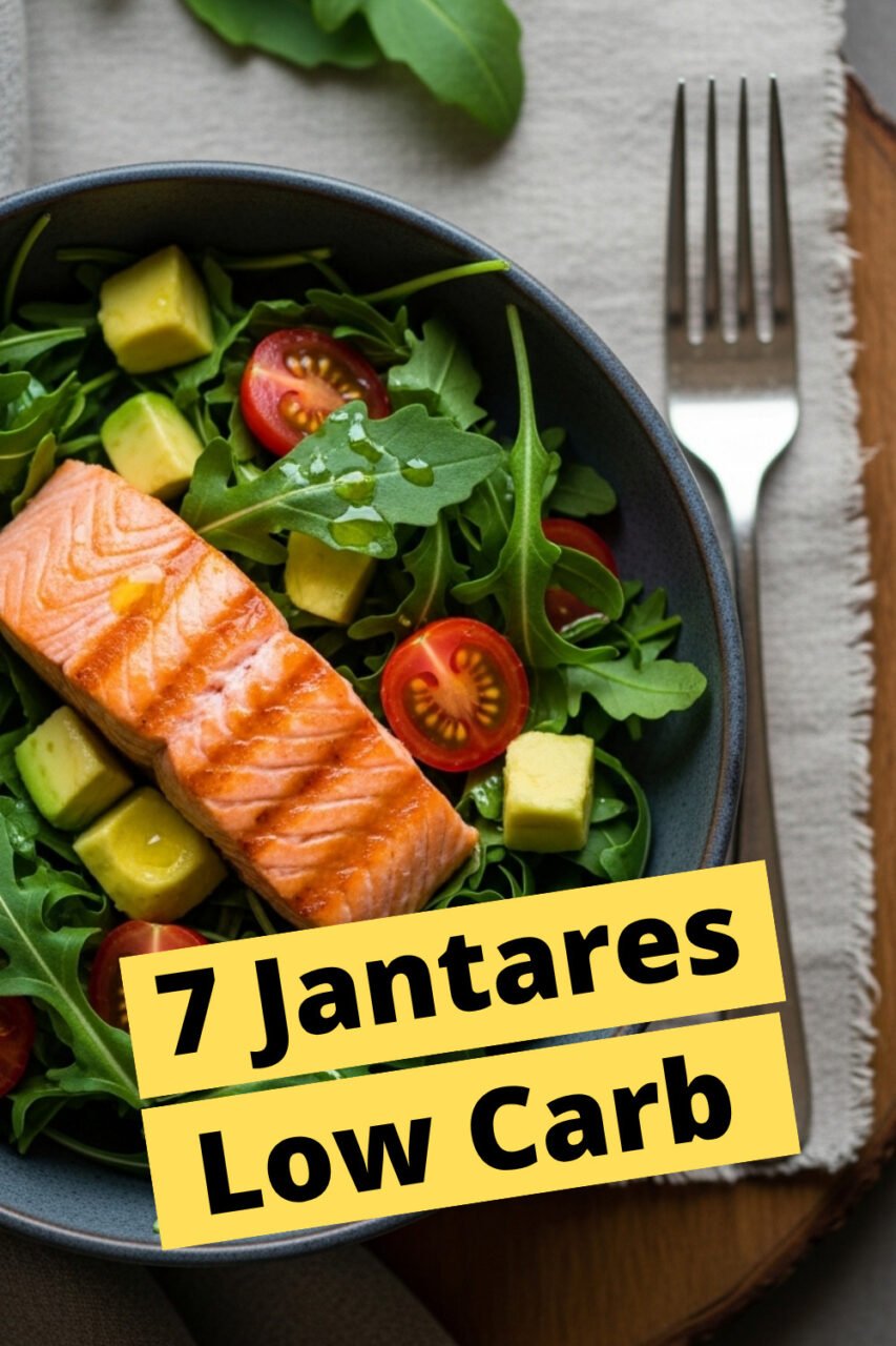 Prato com salmão grelhado, tomate, abacate e rúcula em tigela azul.