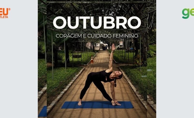 Mulher praticando yoga em parque, cercada por vegetação, com destaque para o texto 'Outubro: coragem e cuidado feminino'.