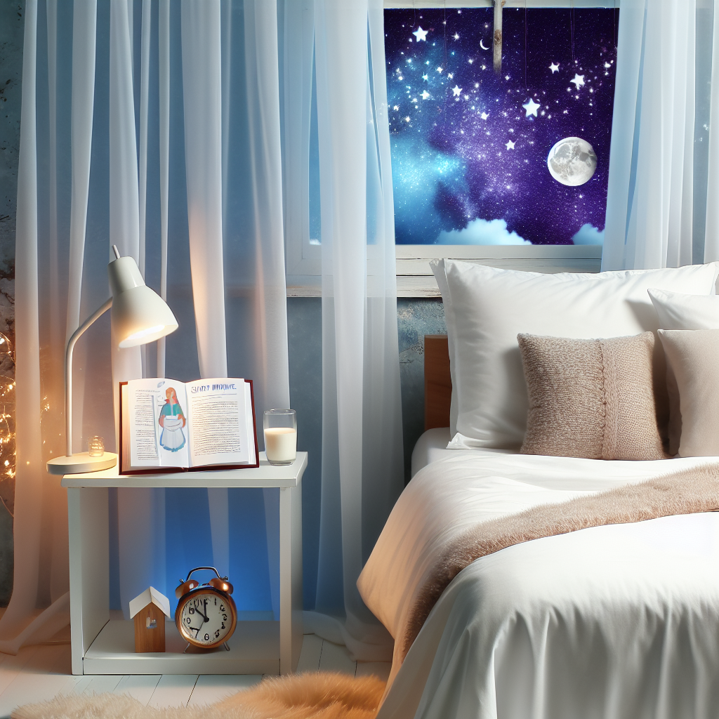 Quarto iluminado com cama, mesa de cabeceira e janela para céu estrelado.