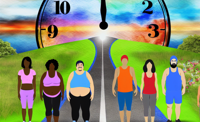 Grupo de pessoas diversas em estrada com relógio ao fundo ao pôr do sol.