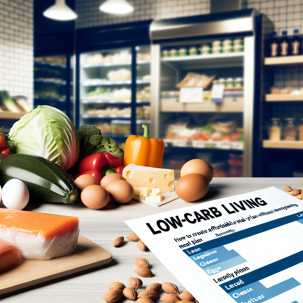 Mesa com alimentos frescos e gráfico sobre dieta low-carb em destaque.