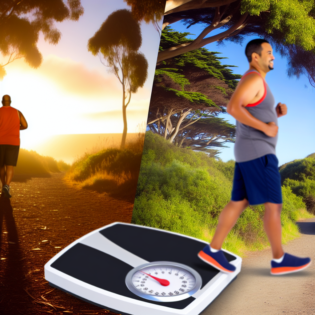 Homem correndo e balança em paisagem natural ao pôr do sol.