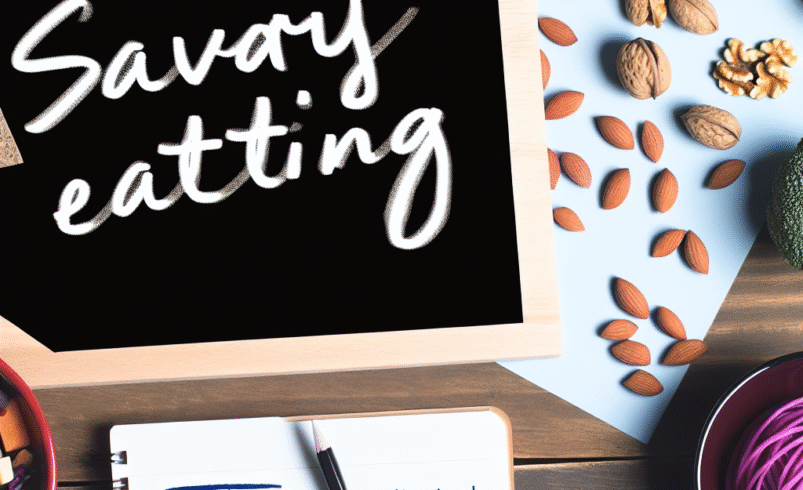 Lousa com texto 'Savory eating', alimentos saudáveis e gráfico de orçamento.