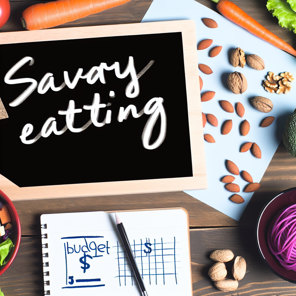 Lousa com texto 'Savory eating', alimentos saudáveis e gráfico de orçamento.