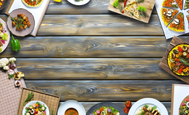 Mesa de madeira com diversos pratos saudáveis dispostos em círculo.