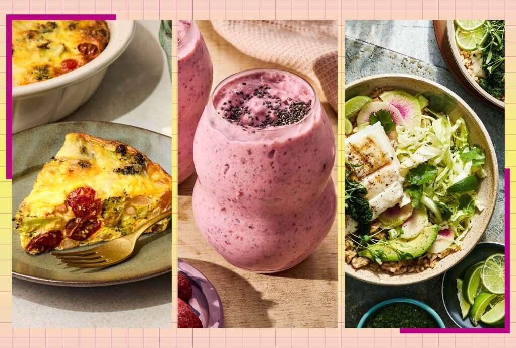 Três comidas saudáveis: quiche de vegetais, smoothie rosa e salada variada.