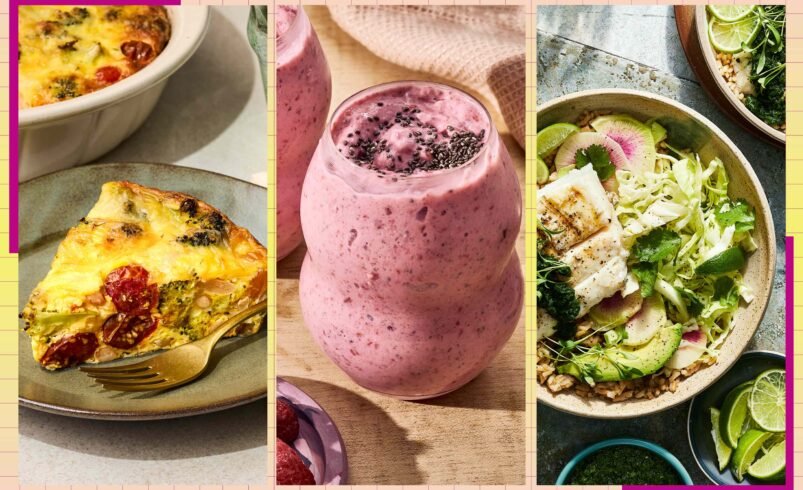 Três comidas saudáveis: quiche de vegetais, smoothie rosa e salada variada.