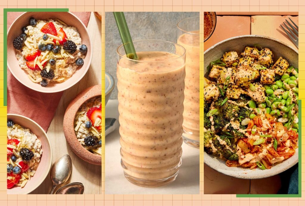 Três pratos nutritivos: smoothie, tigelas de aveia com frutas e bowl de legumes.
