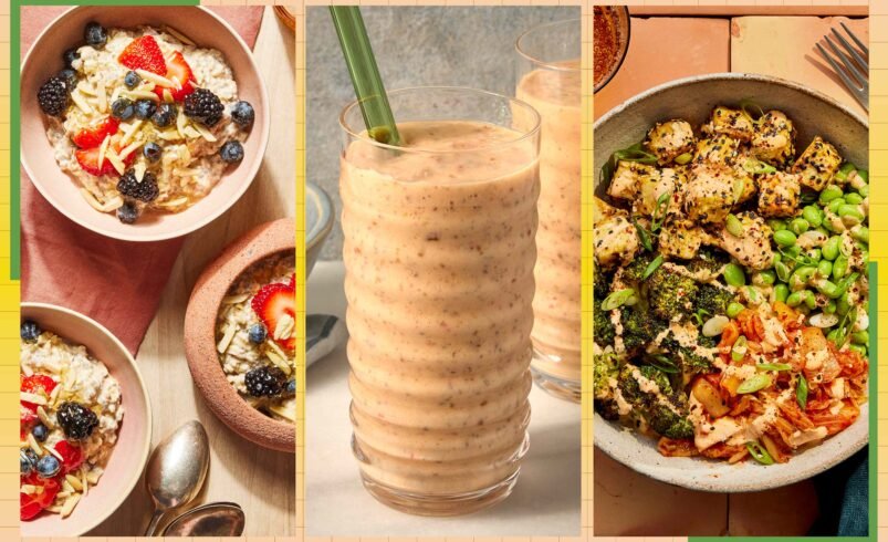 Três pratos nutritivos: smoothie, tigelas de aveia com frutas e bowl de legumes.