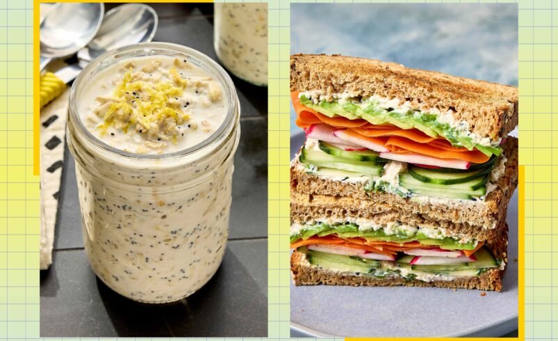 Um pote de vidro com pasta de aveia e um sanduíche natural recheado com legumes.
