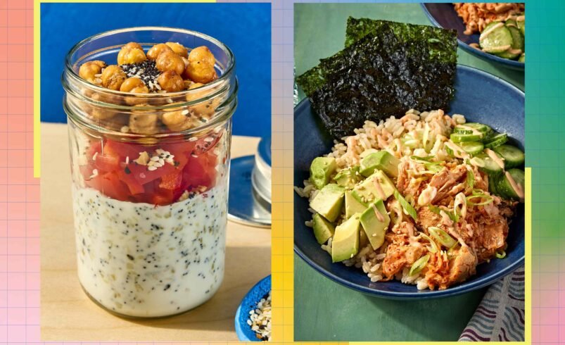 Pote de aveia com sementes e grão-de-bico ao lado de poke bowl com arroz, abacate e algas.
