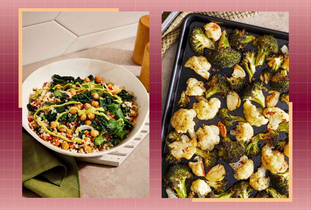 Prato de salada saudável ao lado de vegetais assados em uma bandeja.