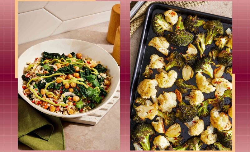 Prato de salada saudável ao lado de vegetais assados em uma bandeja.