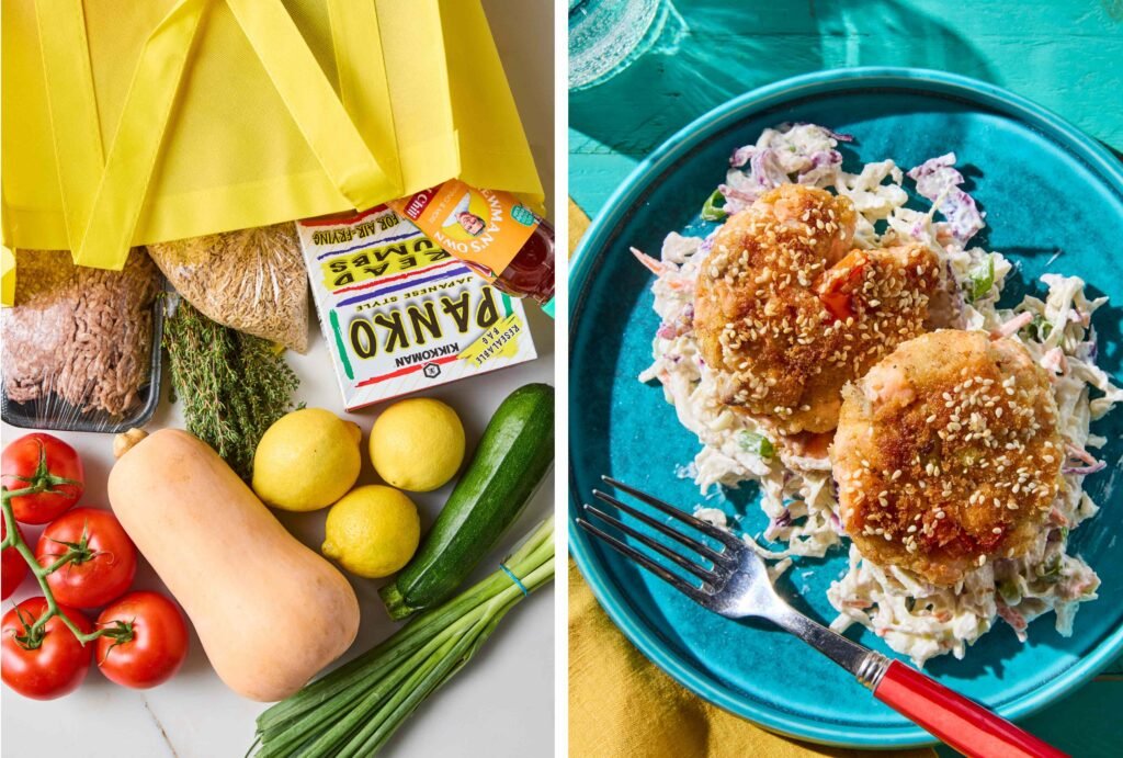 Ingredientes frescos à esquerda e prato pronto com croquetes em salada à direita.