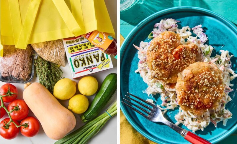 Ingredientes frescos à esquerda e prato pronto com croquetes em salada à direita.