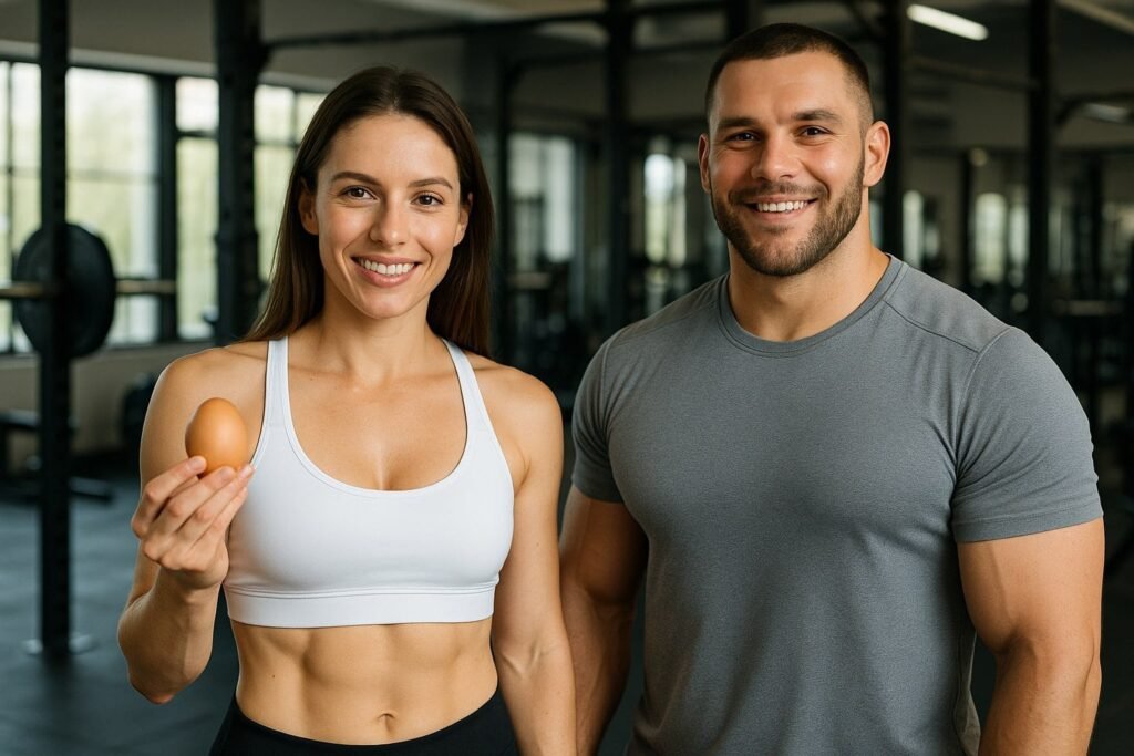 Uma mulher segurando um ovo ao lado de um homem em uma academia.