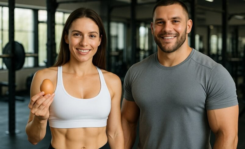 Uma mulher segurando um ovo ao lado de um homem em uma academia.
