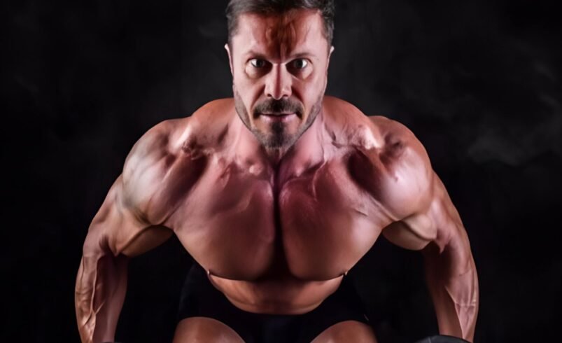 Homem musculoso realizando exercícios com pesos em fundo escuro.