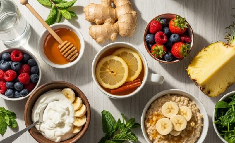 Mesa com frutas frescas, mel, aveia, hortelã e outros itens saudáveis.