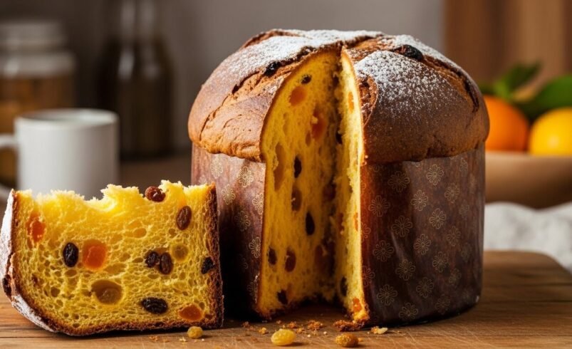 Panetone com frutas secas cortado, em um ambiente caseiro sobre mesa de madeira.