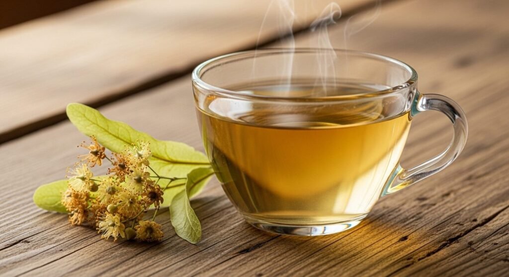 Xícara de chá quente com flores de tília ao lado, sobre mesa de madeira.