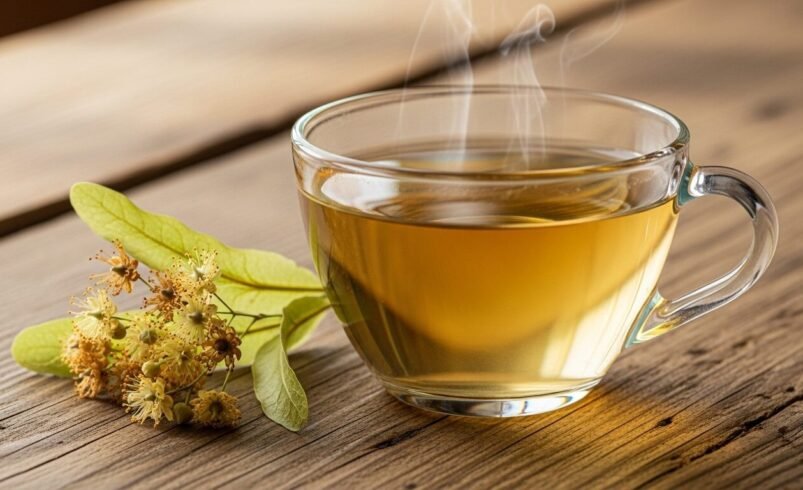 Xícara de chá quente com flores de tília ao lado, sobre mesa de madeira.