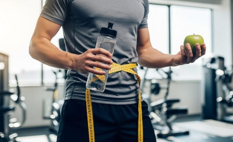 Homem com fita métrica na cintura segurando garrafa de água e maçã em academia.