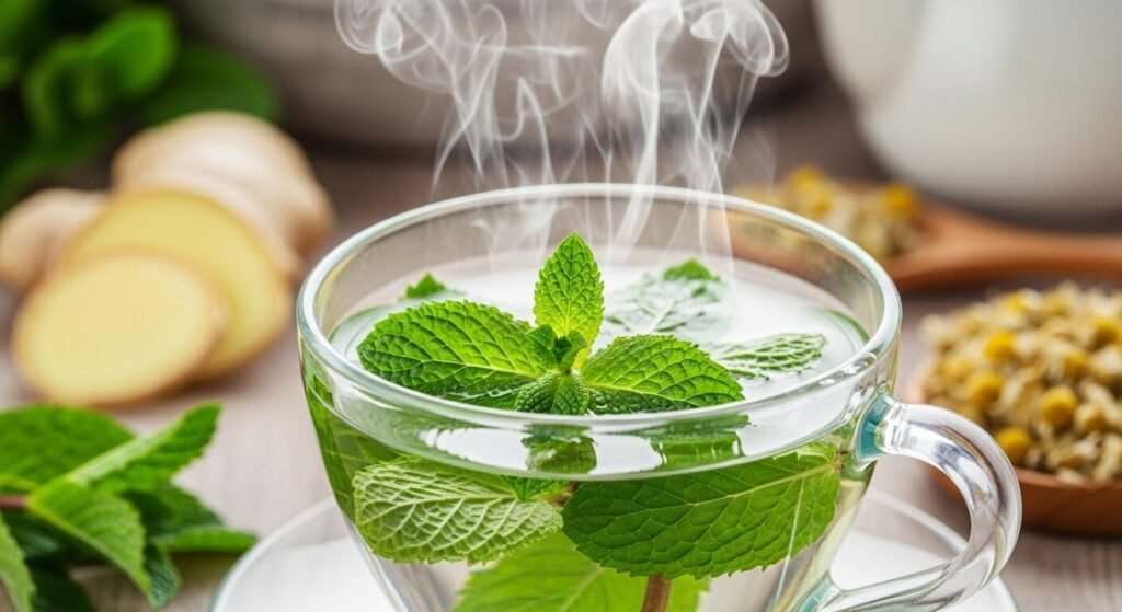 Xícara de chá de hortelã com folhas frescas e vapor.