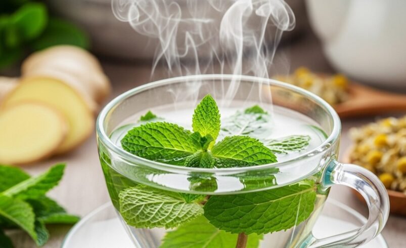 Xícara de chá de hortelã com folhas frescas e vapor.