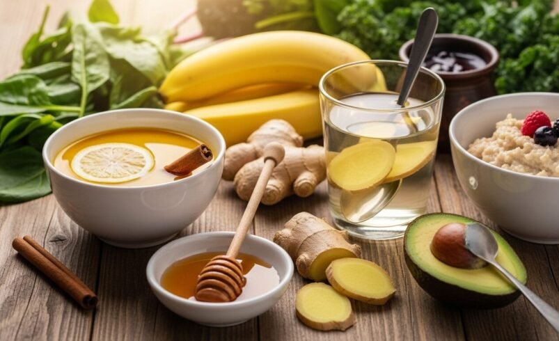 Mesa com frutas, aveia, mel, gengibre e vegetais frescos.