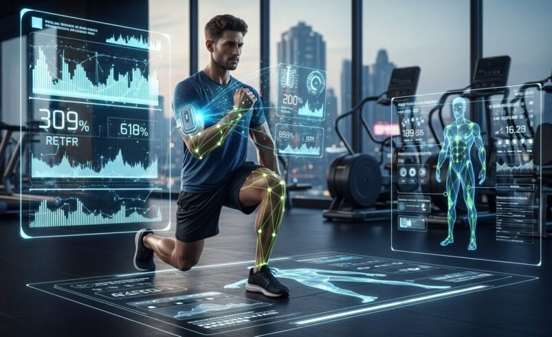 Pessoa se exercitando em academia com gráficos e hologramas futuristas ao redor.