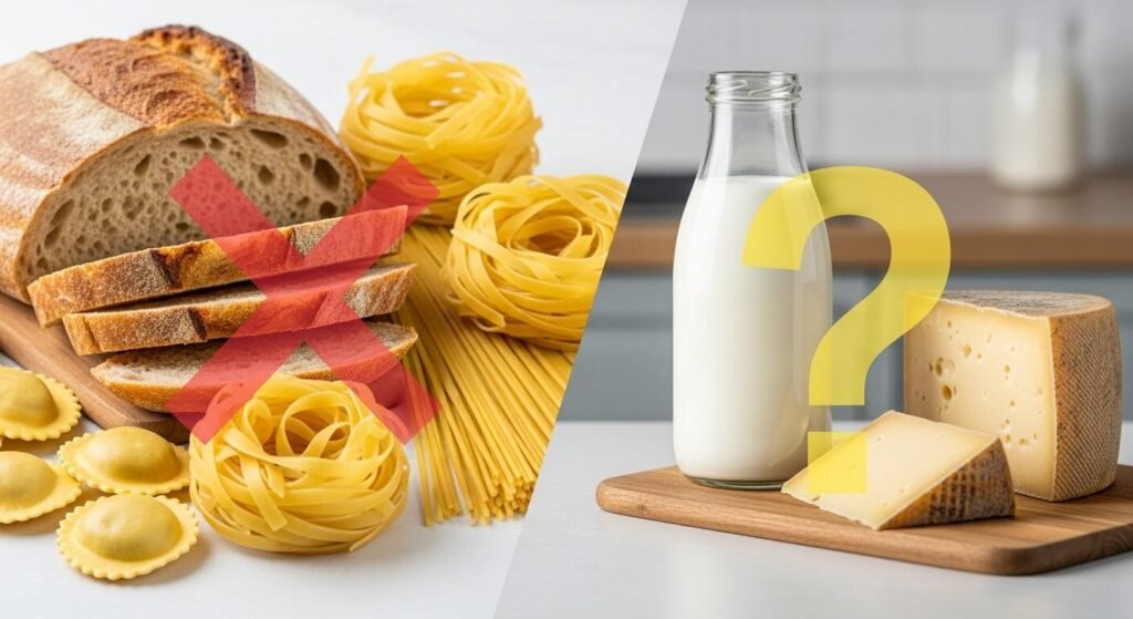 Pães, massas, leite e queijos com destaques visuais indicando restrições.