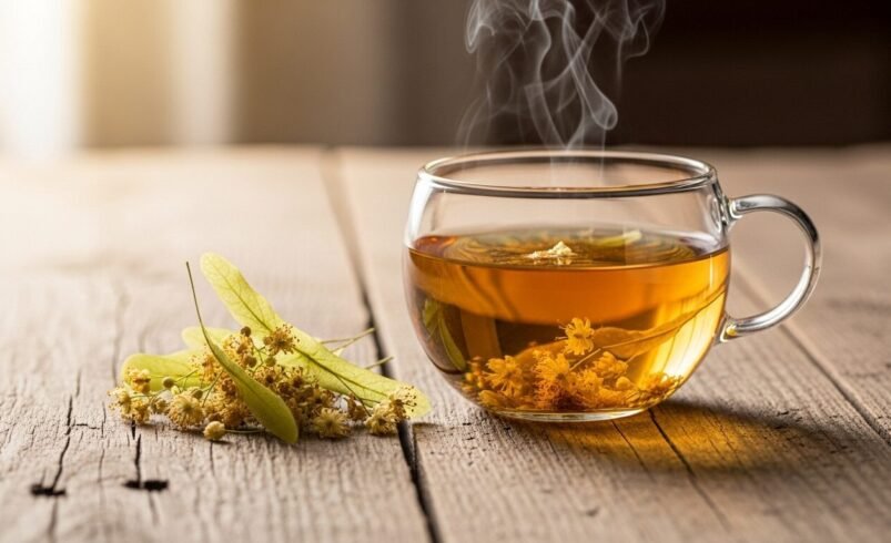 Xícara de vidro com chá de ervas e flores naturais sobre mesa de madeira.