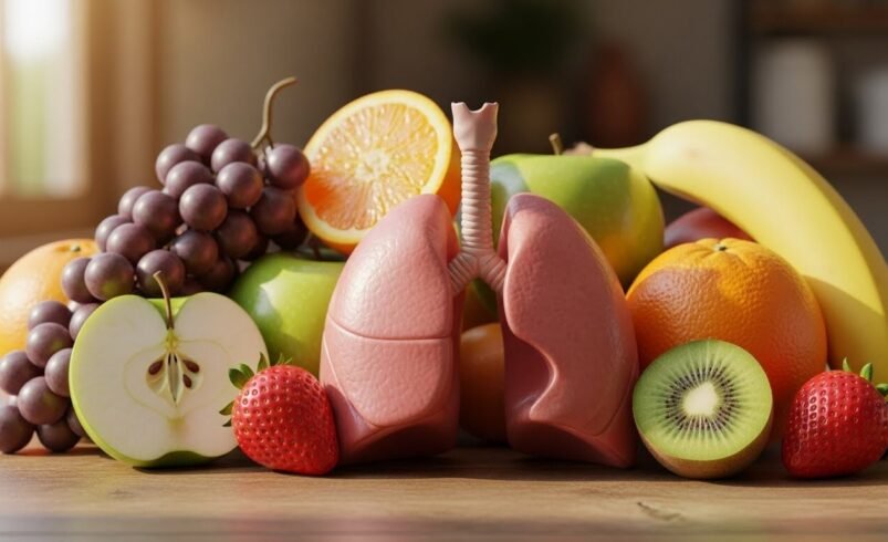 Frutas variadas e modelo de pulmões sobre uma mesa de madeira.