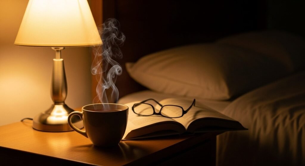 Xícara de chá fumegante, óculos e livro em um criado-mudo iluminado por abajur.