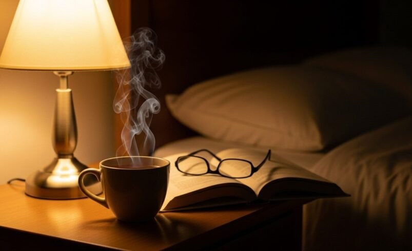 Xícara de chá fumegante, óculos e livro em um criado-mudo iluminado por abajur.