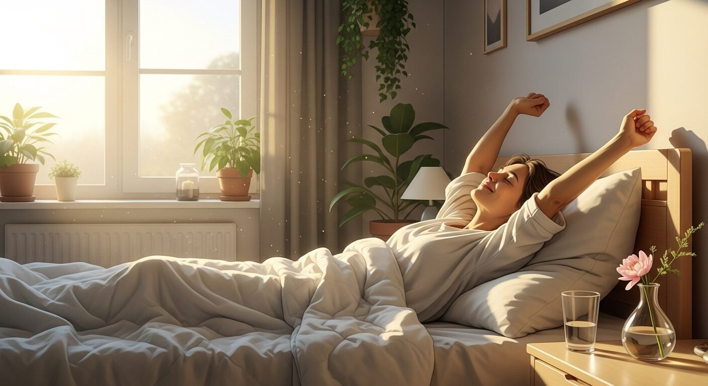 Pessoa espreguiçando-se em uma cama em quarto iluminado pelo sol.